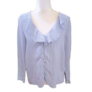 Zara Blue & White Striped Long Sleeve Ruffle Neckline Flowy Casual Blouse